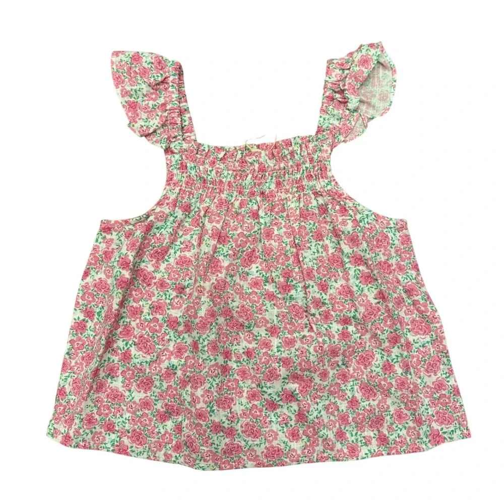 Copper‎ Key Girls Pink Floral Smocked Tank Top Ruffle Straps Size Small 7